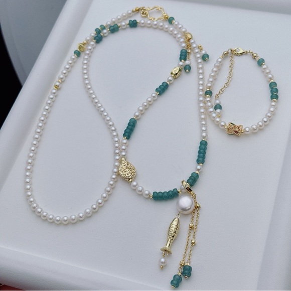 X668 Handmade High Quality Freshwater Pearl Jade Long Necklace and Bracelet Set - Picture 3 of 11
